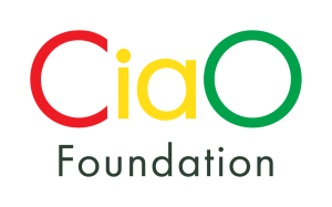 red orange yellow and green letters forming the word ciao. black font for the word foundation