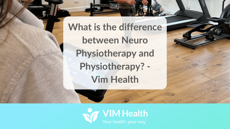 blog banner with cyan branding along the bottom saying Vim Health robot assisted therapies and text in a white box that reads: whats the difference between neurophysiotherapy and physiotherapy?