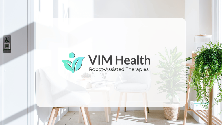 Vim Health Robot-assisted therapes tagline in white box with background image of sunny waiting area (blog banner)