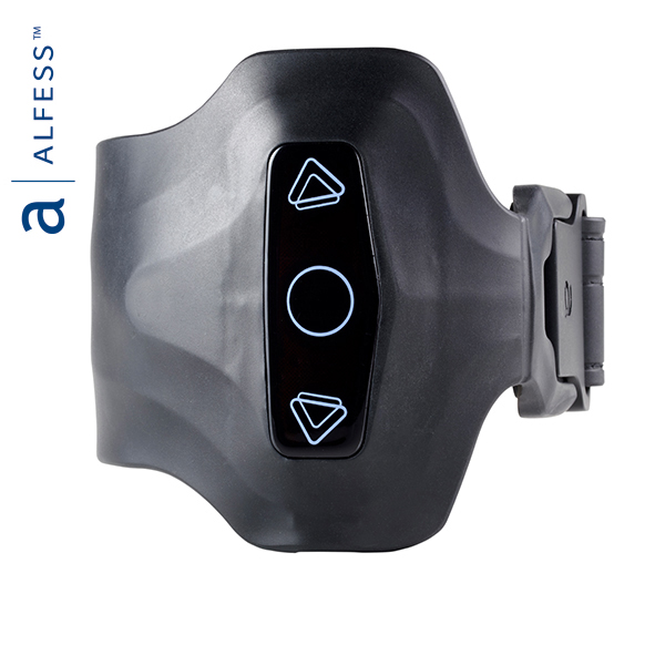 close up image of the product - a grey electronic device with arrow buttons and a grey strap