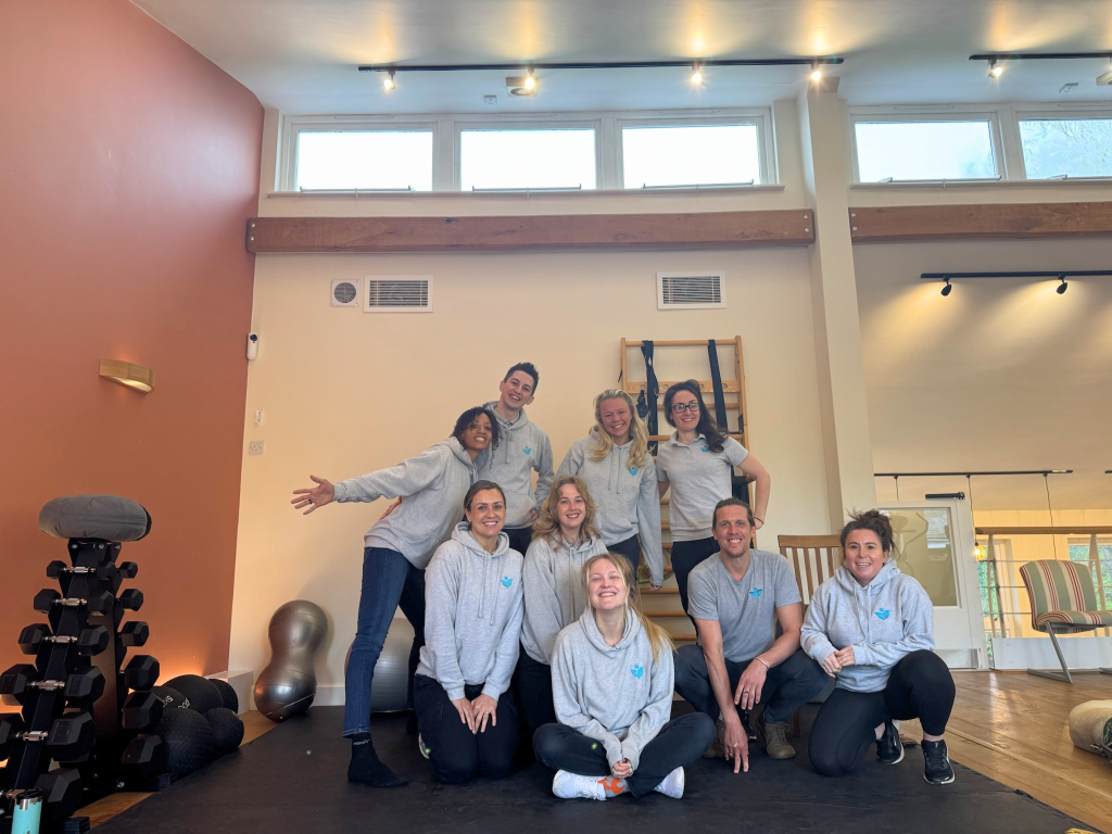 some of the team that can be found in clinic on a thursday. from left to right, hayley, charlotte, kieran, sarah, sophie, anaya, bex, tom and sadie. photo taken upstairs in our accessible gym.