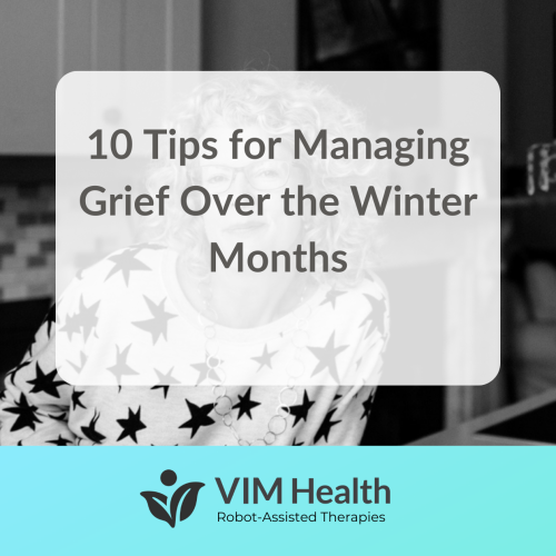 Blog banner reads: 10 tips for managing grief over the winter months. background image is balck and whit with aquamarine vim health branding running along the bottom of the image