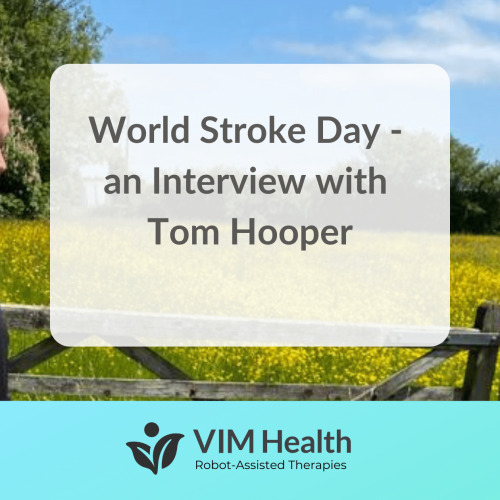 background image of tom hooper looking out over a field of yellow flowers. text in a white box overlay that reads: World stroke day an interview with Tom Hooper