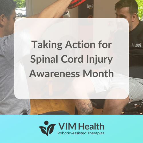 Shaun is sat in his wheel chair whilst having a boxing session with Physio Tom Freeman. There is text in a white box over this that reads: Taking Action for Spinal Cord Injury Awareness Month