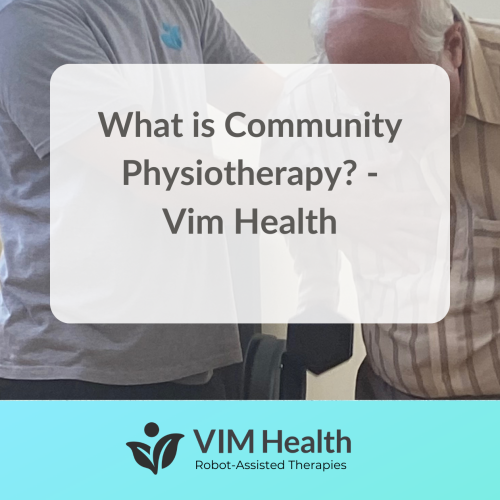 background image is close up shot of an elderly man using dumbells whilst a physiotherapust stand in front of him for support. There is text in a white box that reads: what is community physiotherapy?