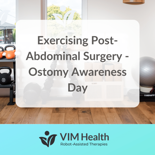 back ground image of some gym equipment, including kettle bells, exercise ball and stand up punching bag. Text in a white box that reads: Exercising post-abdominal surgery - world ostomy day